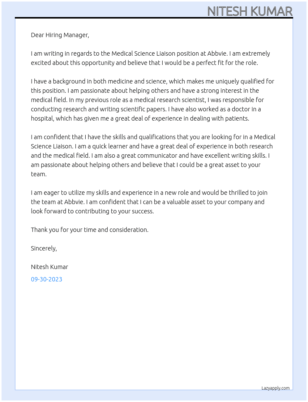 Medical Science Liaison At Abbvie Cover Letter