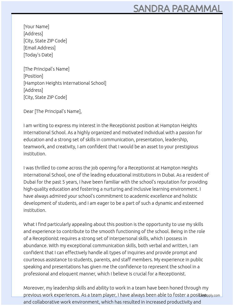 Receptionist  At Hampton heights international school  Cover Letter