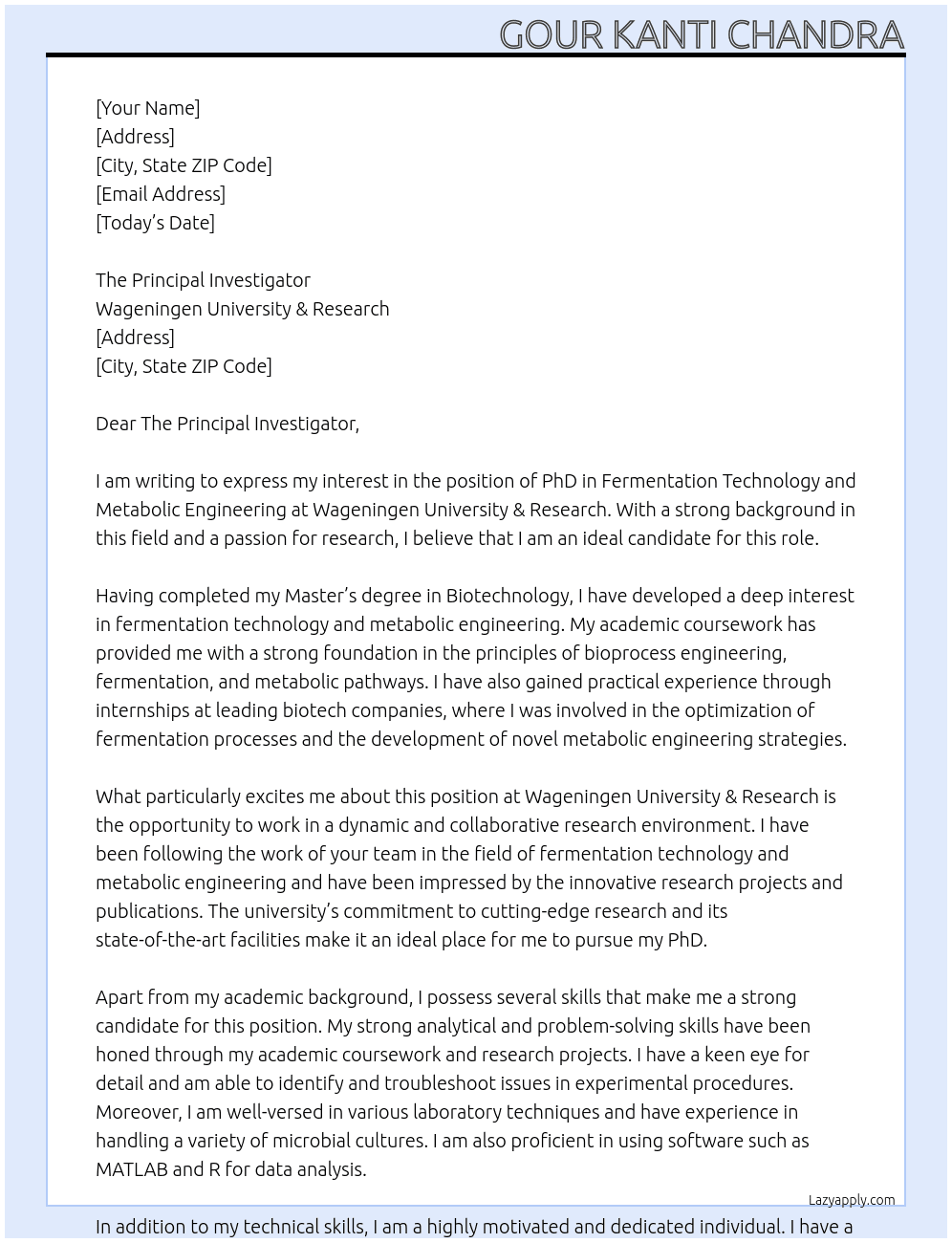PhD in fermentation technology and metabolic engineering At Wageningen University & Research  Cover Letter
