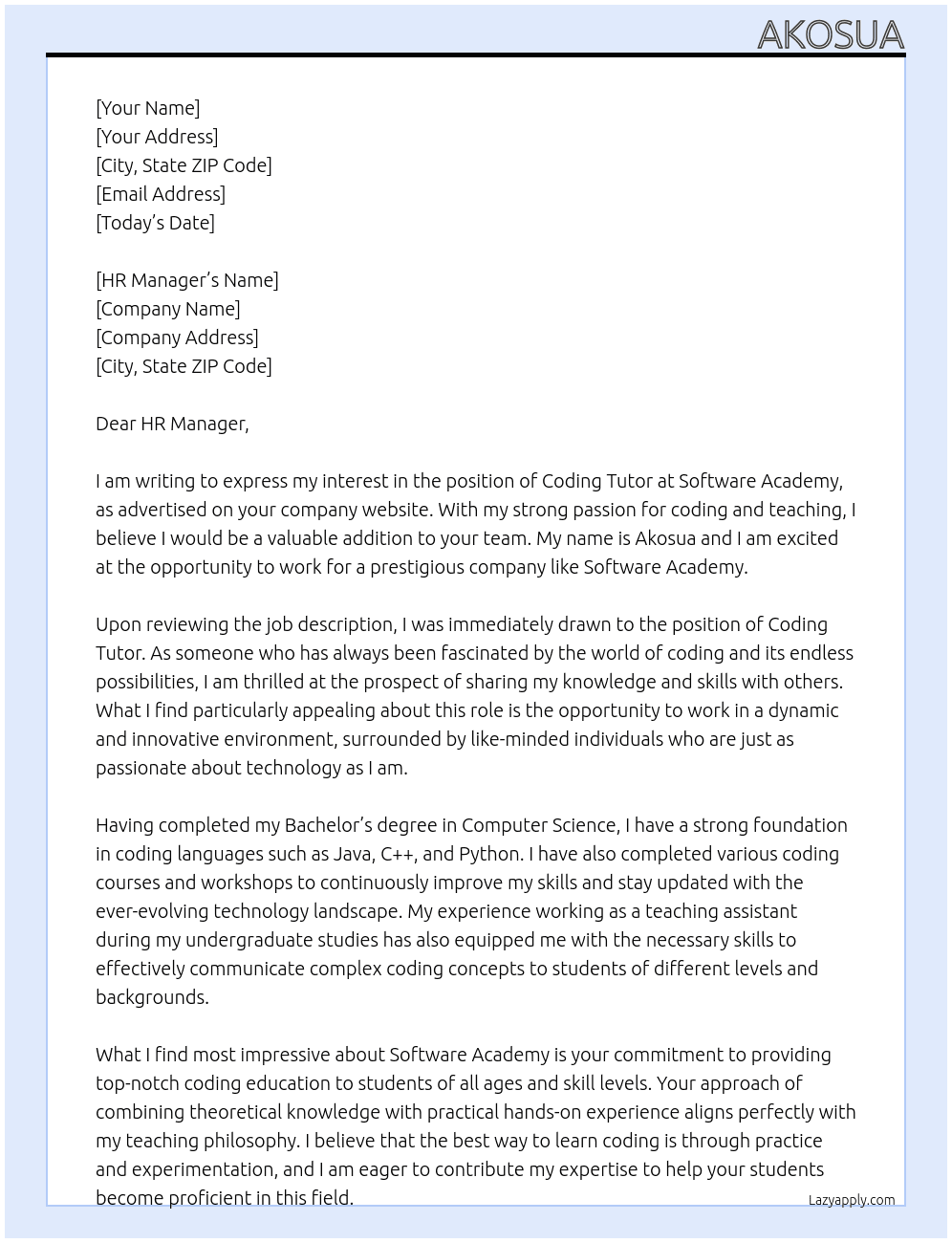 coding tutor At software academy Cover Letter