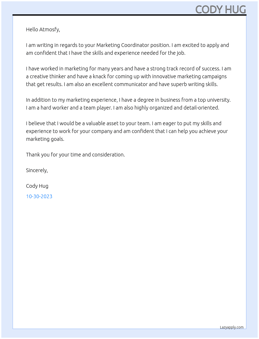 Marketing Coordinator At Atmosfy Cover Letter
