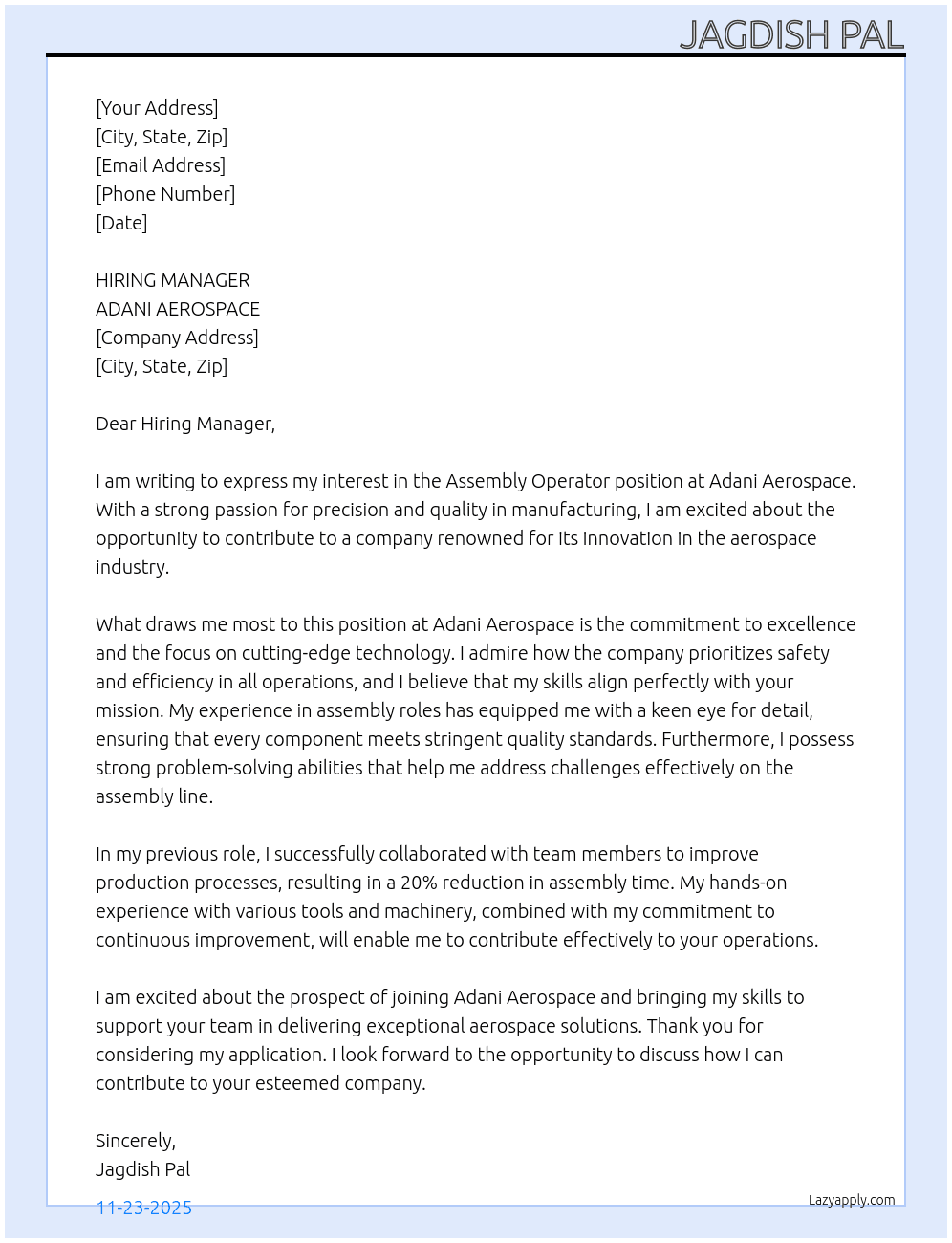 ASSEMBLY OPERATER  At ADANI AEROSPACE  Cover Letter