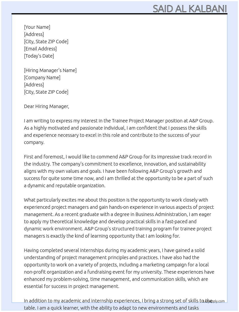 Trainee Project Manager At A&P Group Cover Letter