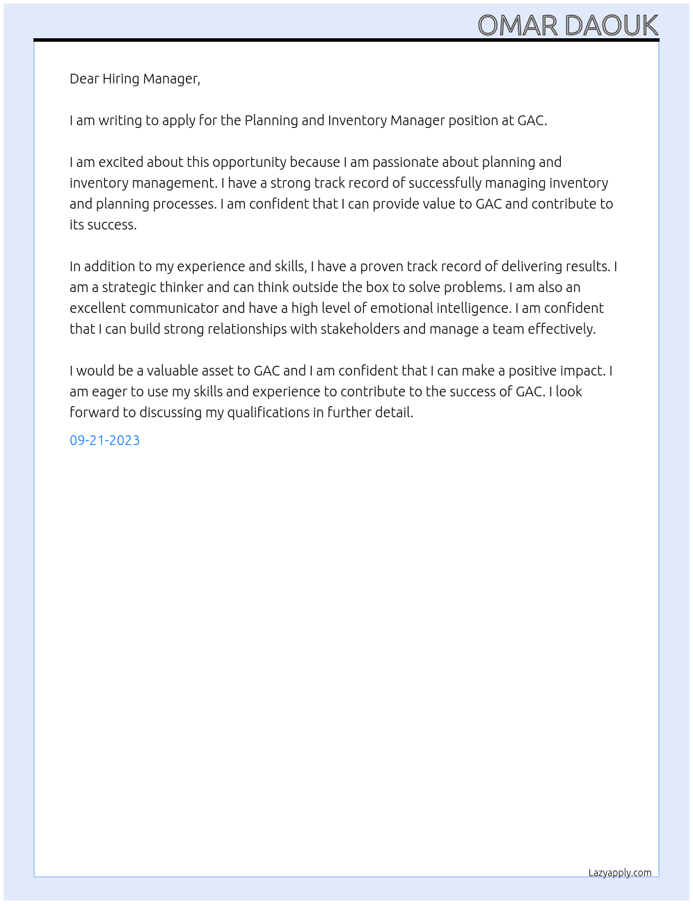 Planning and Inventory Manager At GAC  Cover Letter