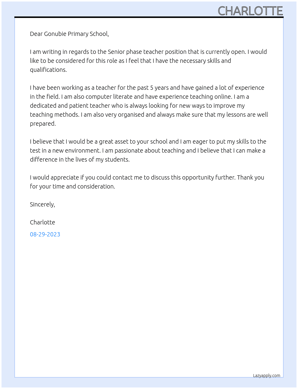 Senior phase teacher  At Gonubie Primary School Cover Letter