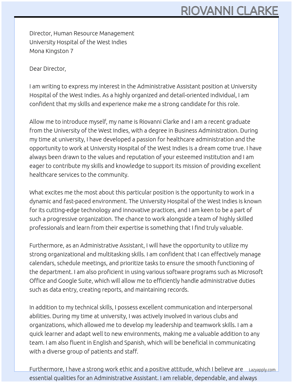 Administrative Assistant At University Hospital of the West Indies Cover Letter