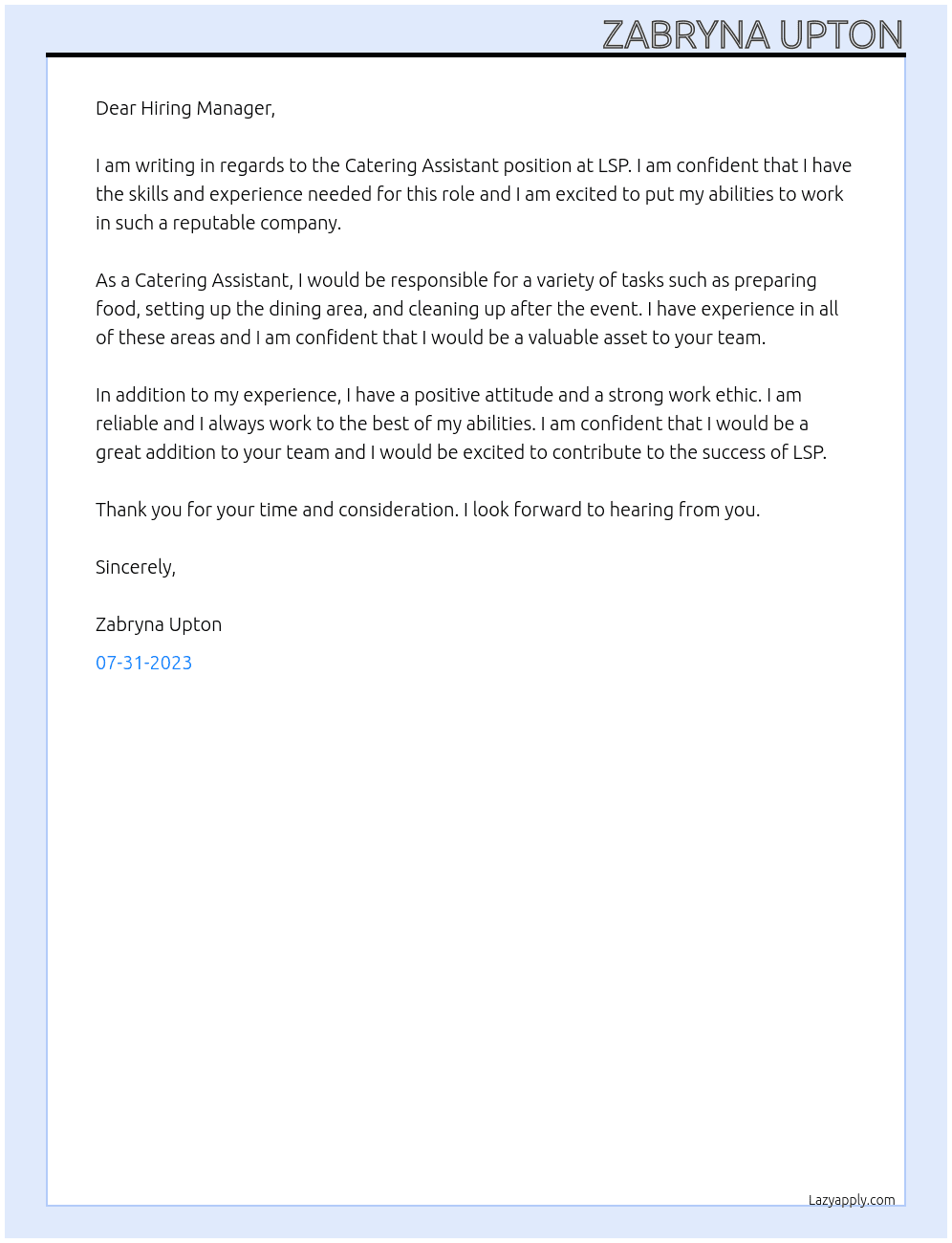 catering assistant  At LSP Cover Letter