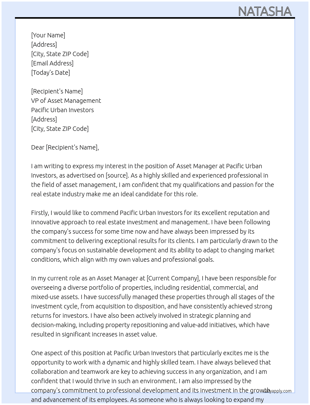 Asset manager  At Pacific urban investors Cover Letter