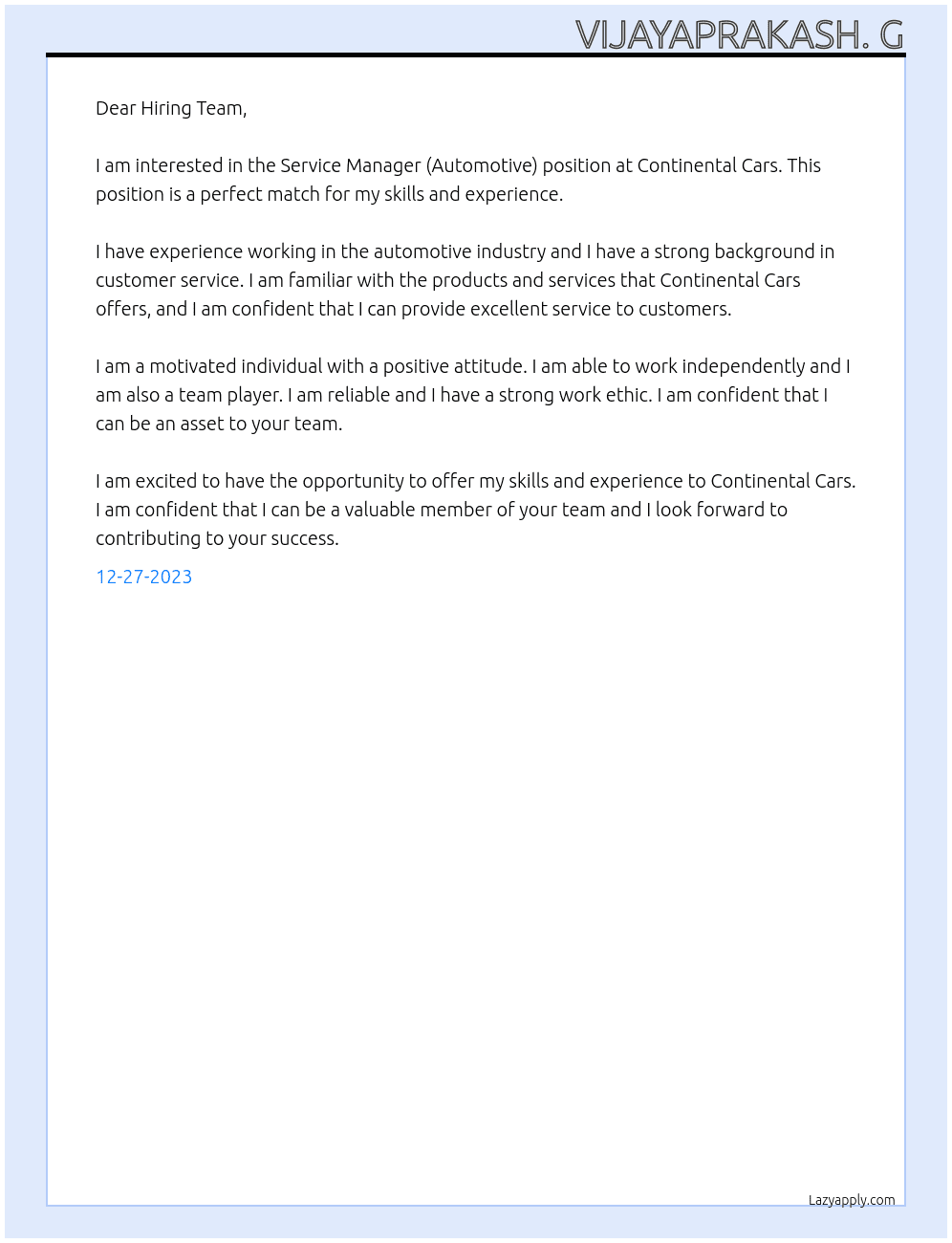 Service Manager (Automotive) At Continental Cars Cover Letter