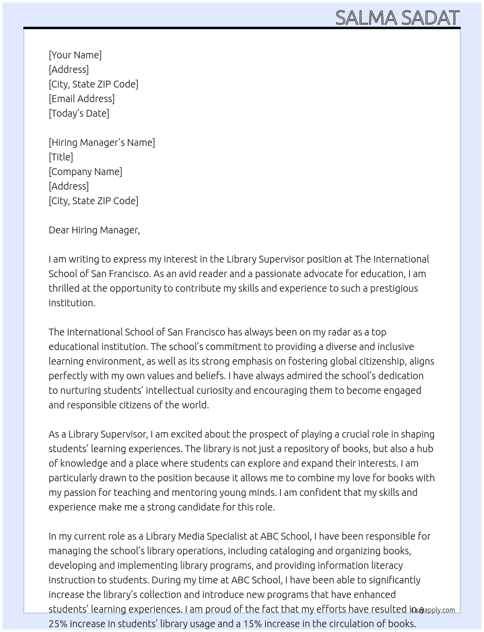 Library Supervisor At The International School of San Francisco Cover Letter