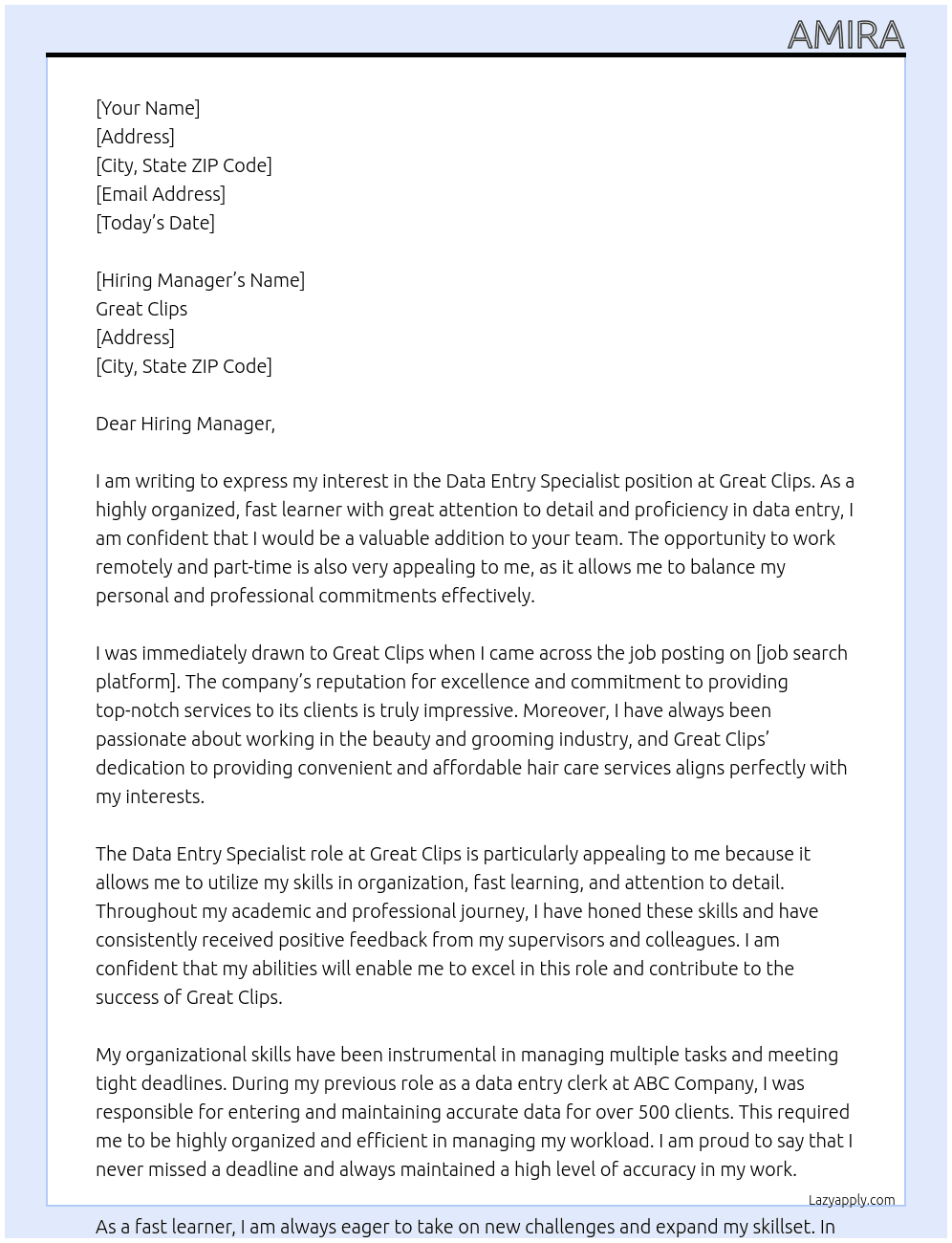 Data Entry Specialist  At Great Clips Cover Letter