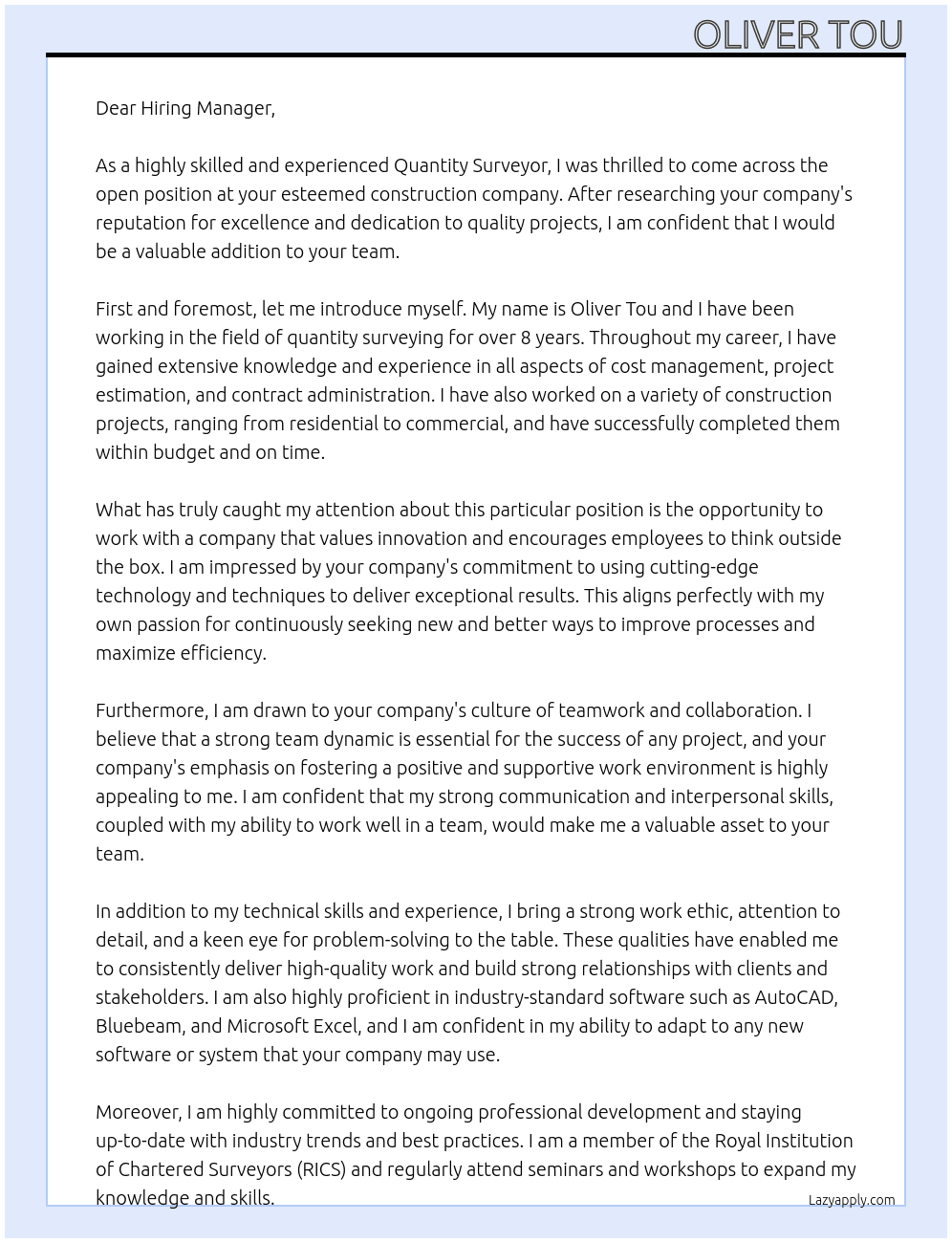 quantity surveyor At construction company Cover Letter