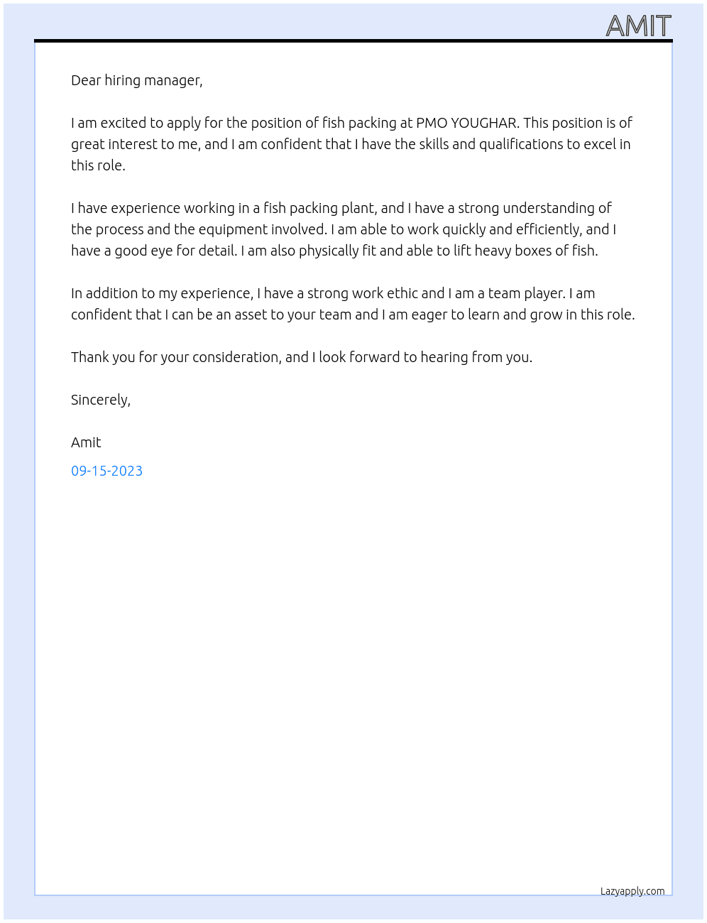 fish packing At PMO YOUGHAR Cover Letter