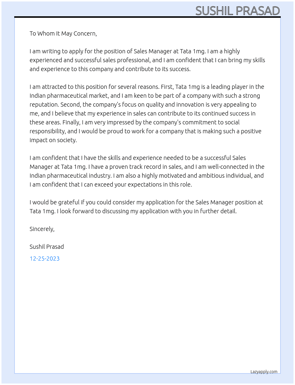 Sales manager At Tata 1mg Cover Letter