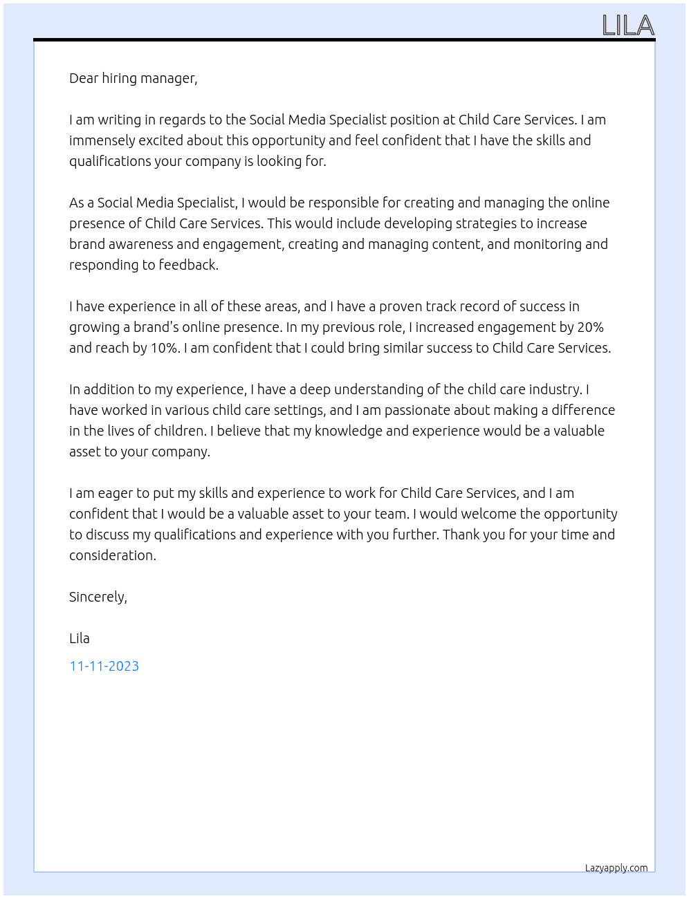 Social Media Specialist At Child Care Services Cover Letter