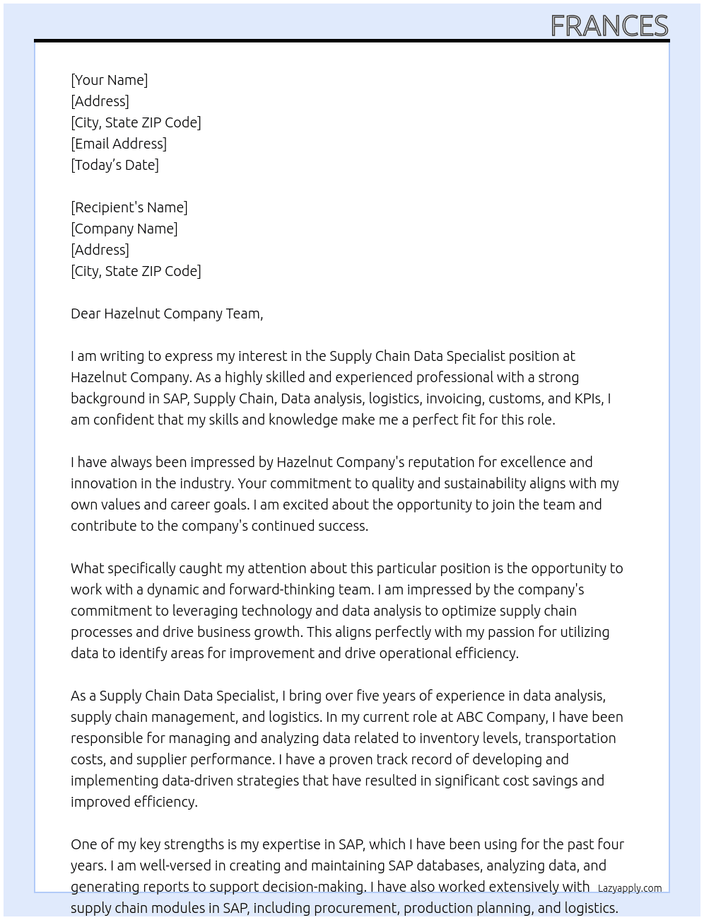 Supply Chain Data Specialist At Hazelnut Company Cover Letter