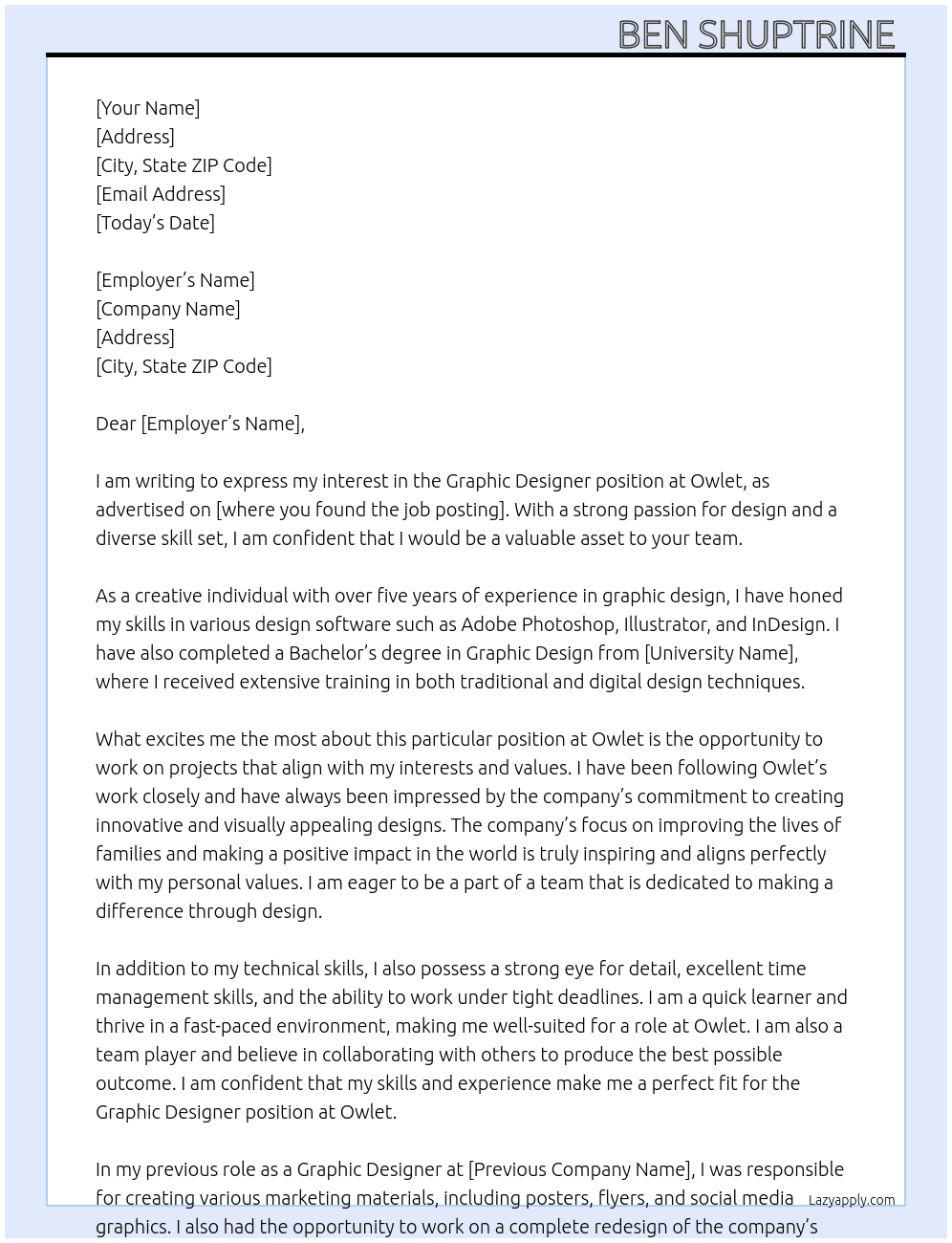 Graphic Designer  At Owlet  Cover Letter
