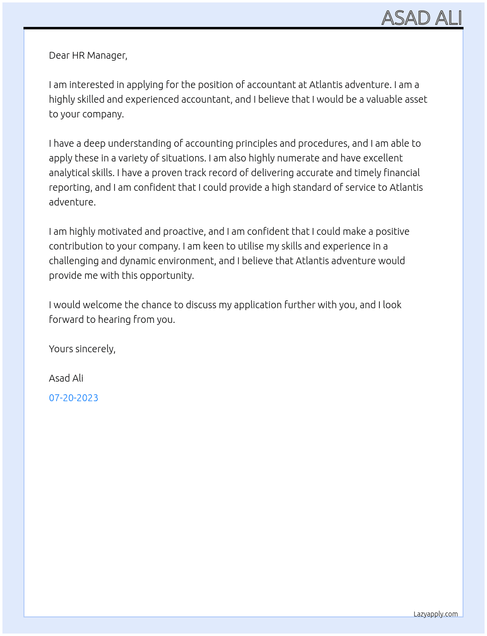 Accountant  At Atlantis adventure Cover Letter