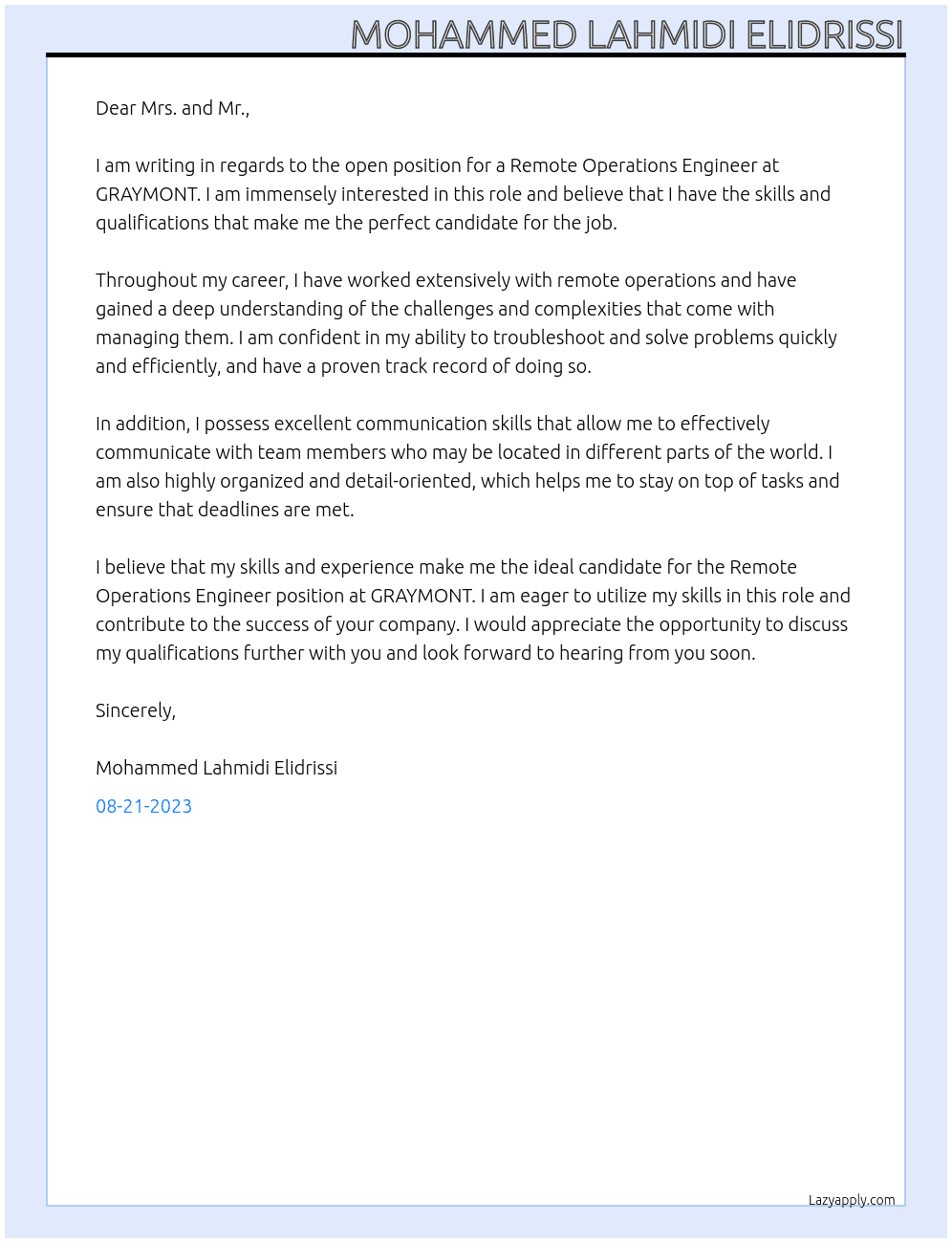 Remote Operations Engineer At GRAYMONT Cover Letter