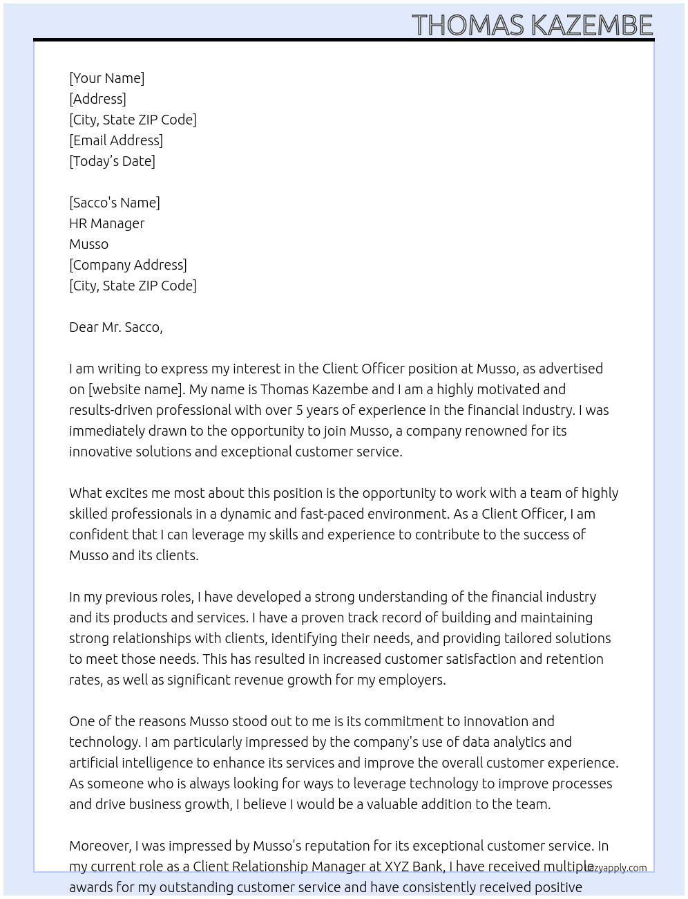 client officer At musso Cover Letter