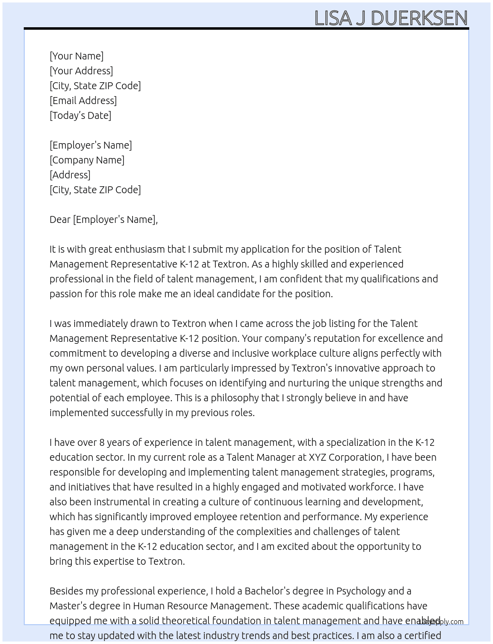 Talent Management Representative K-12 At Textron Cover Letter