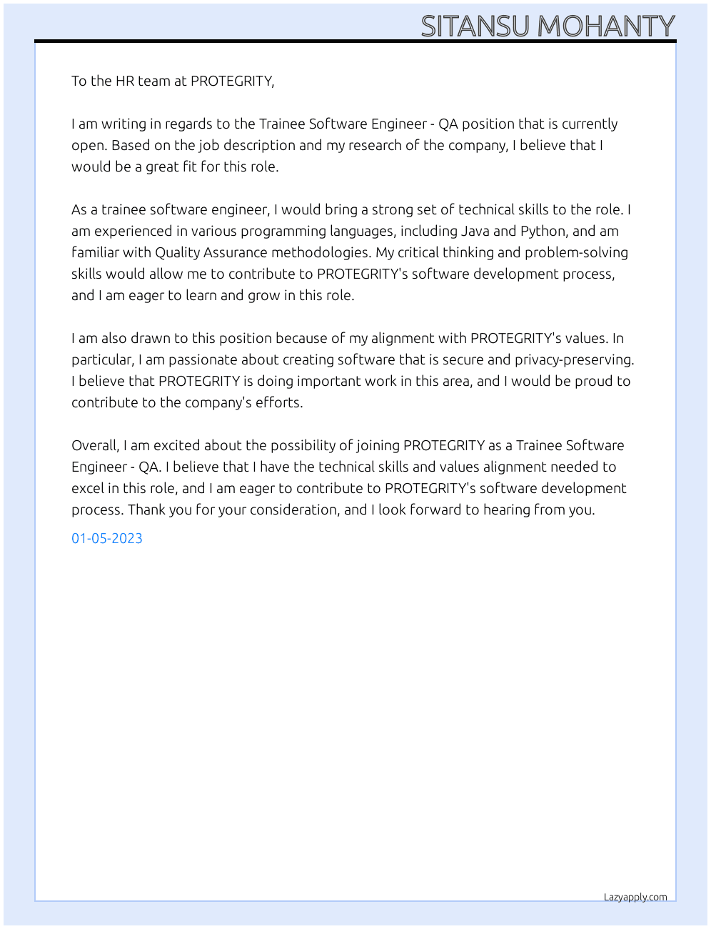 Trainee Software Engineer - QA At PROTEGRITY Cover Letter