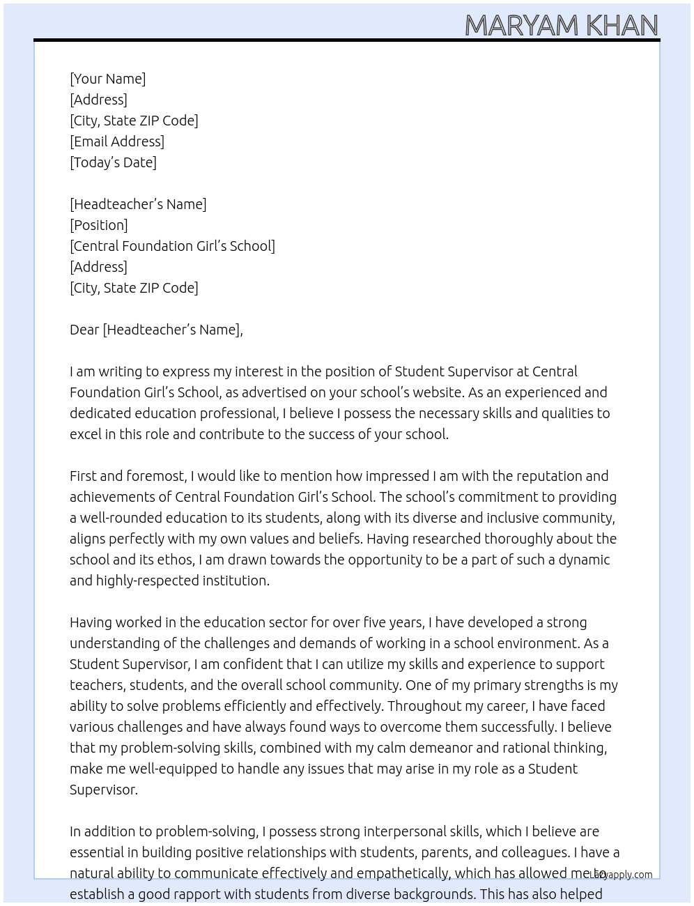 Student Suprevisor  At Central Foundation Girl’s school Cover Letter