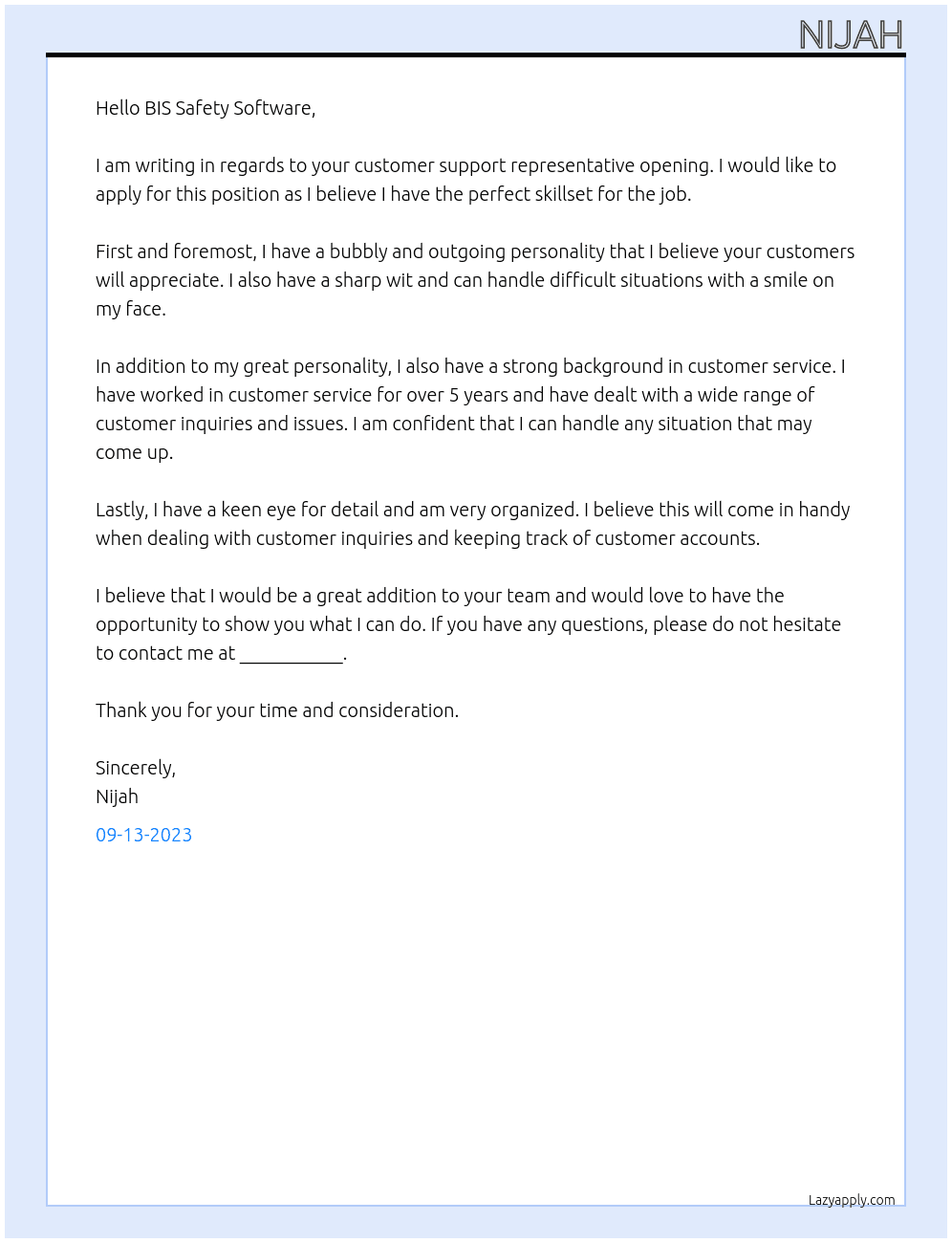 Customer support representativ At BIS Safety Software  Cover Letter