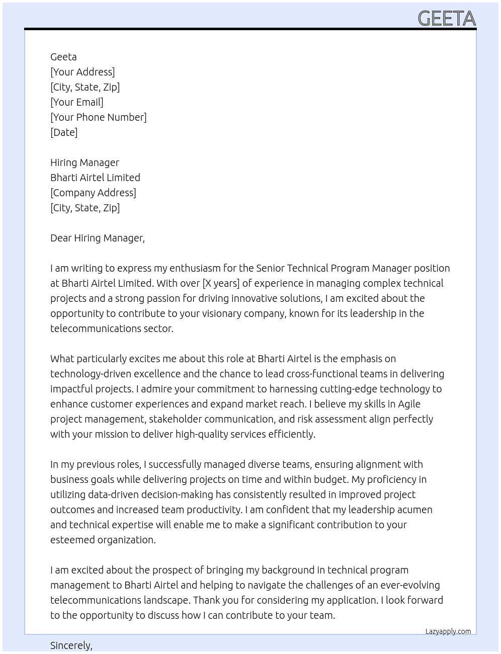 Senior Technical Program Manager At Bharti Airtel Limited Cover Letter