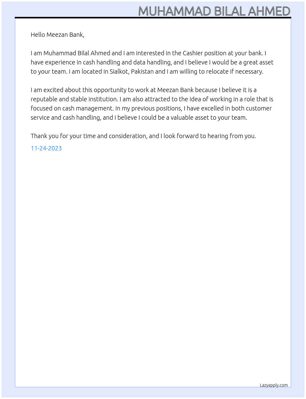 Cashier At Meezan bank Cover Letter