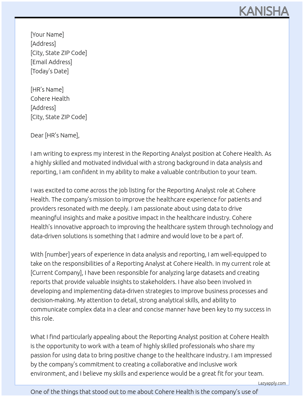 Reporting analyst At Cohere health Cover Letter