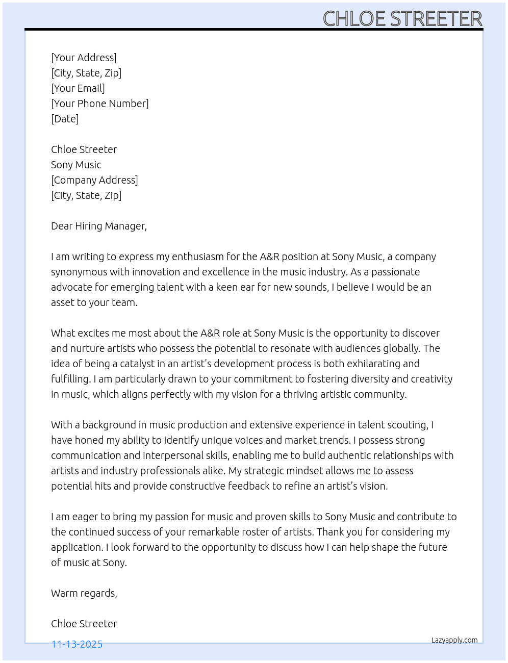 Cover letter for a&r - LazyApply