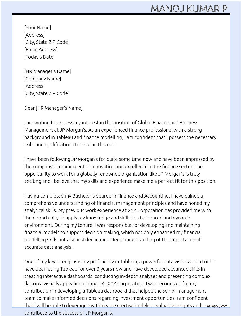 Global finance and Business Management  At JP Morgan's  Cover Letter
