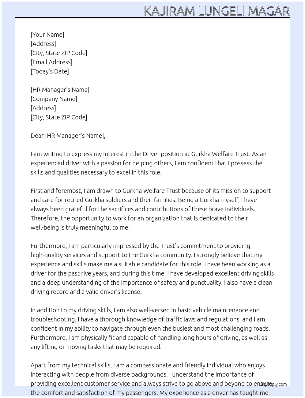 Driver At Gurkha welfare Trust Cover Letter