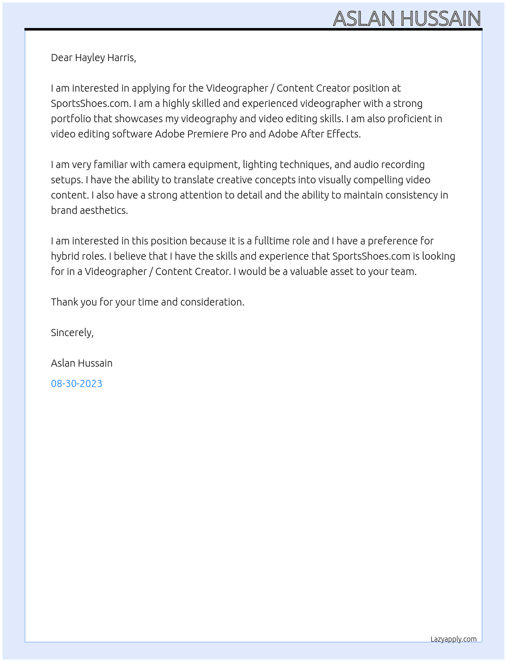 Videographer / Content Creator At SportsShoes.com Cover Letter