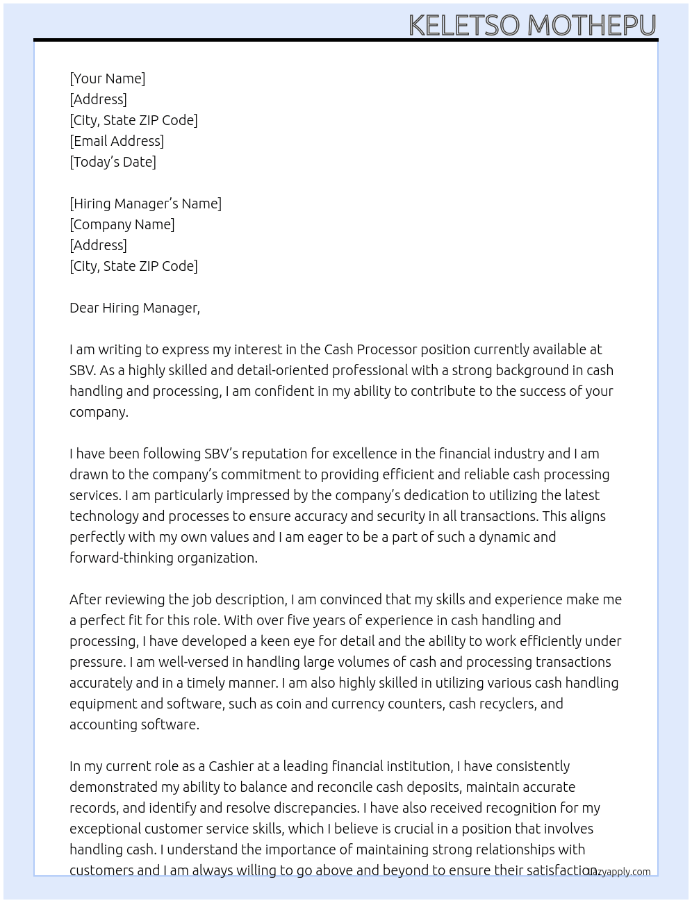 Cover letter for cash processor - LazyApply