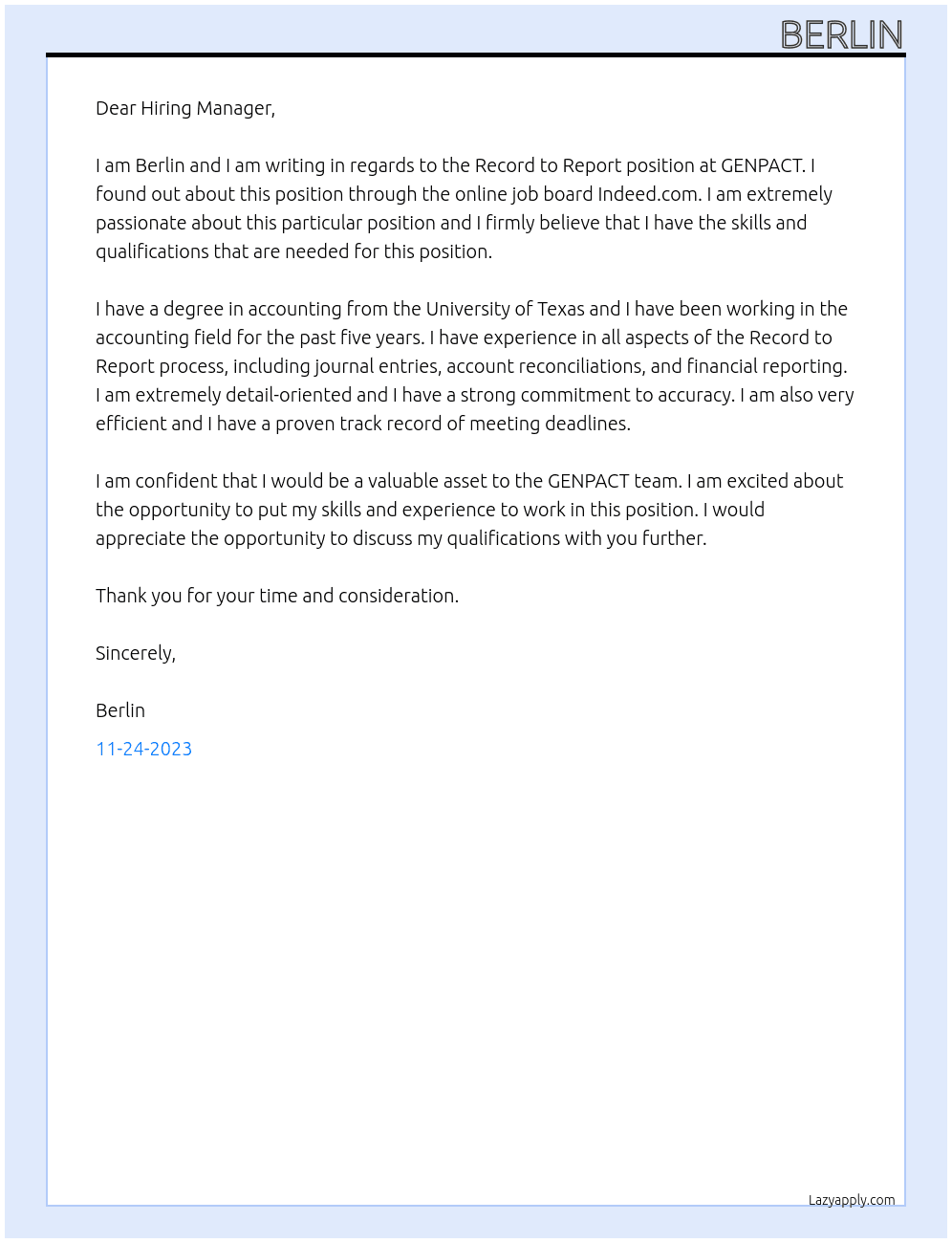 record to report At GENPACT Cover Letter