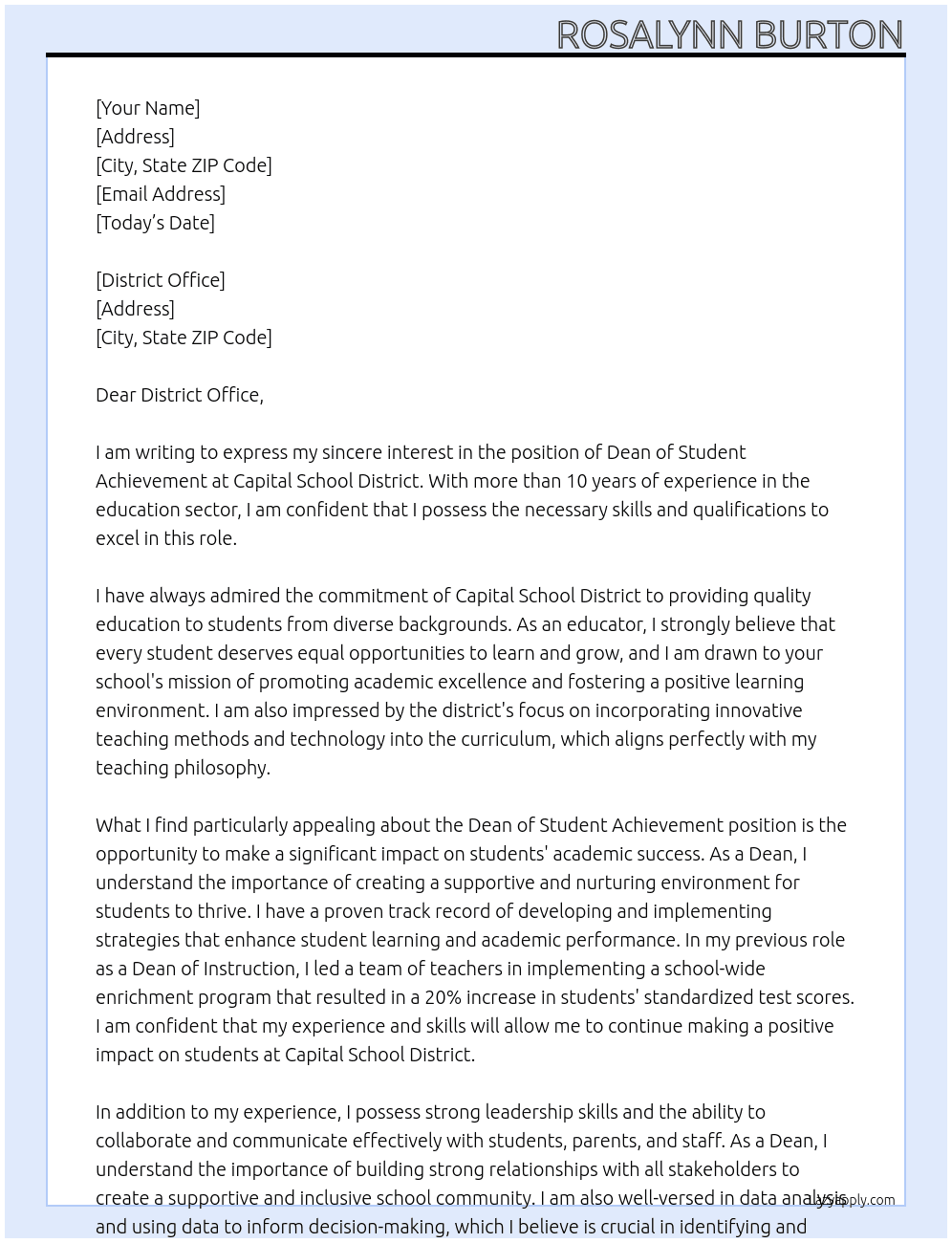 Dean of Student Achievement At Capital School District Cover Letter