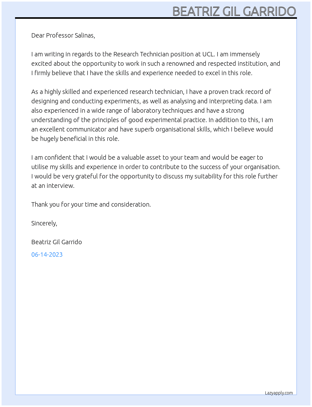Research Technician At UCL Cover Letter