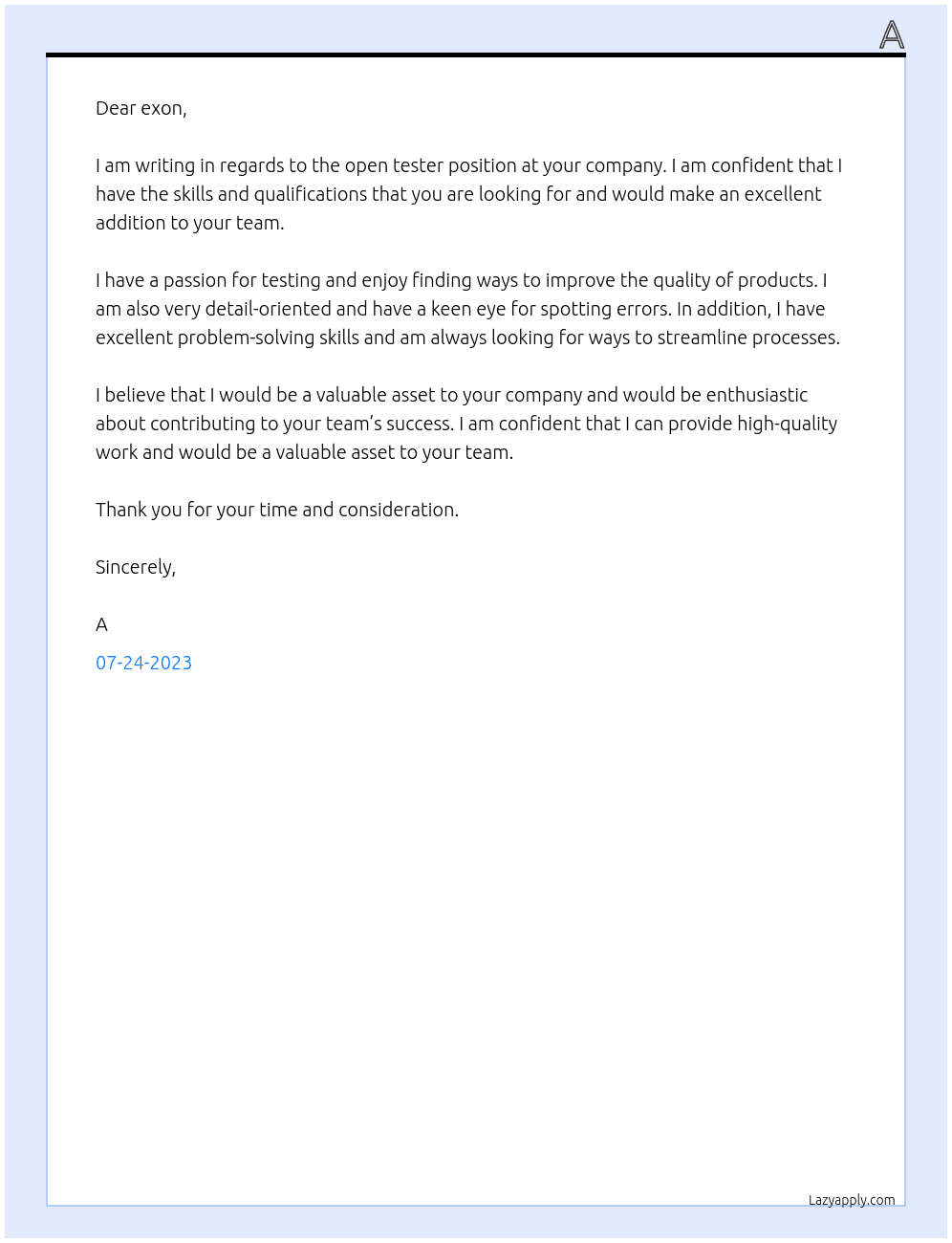 Tester At exon Cover Letter