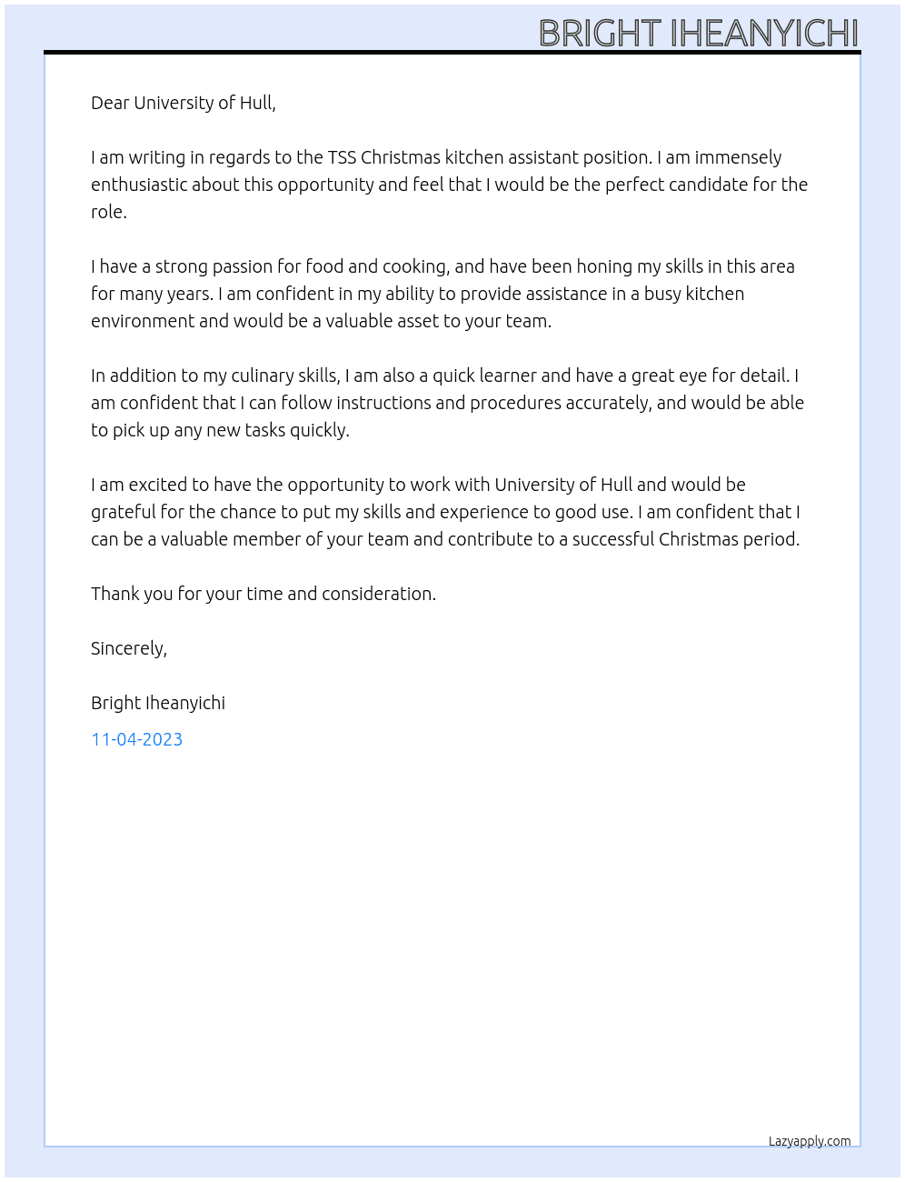 TSS Christmas kitchen assistant  At University of Hull  Cover Letter