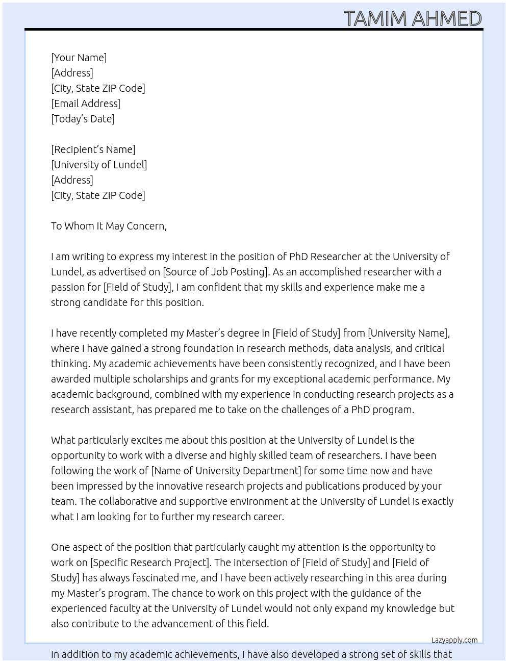 PhD Researcher At University of Lundel Cover Letter