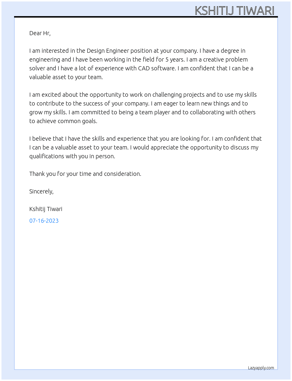 Design and Engineering  At Design Engineer  Cover Letter