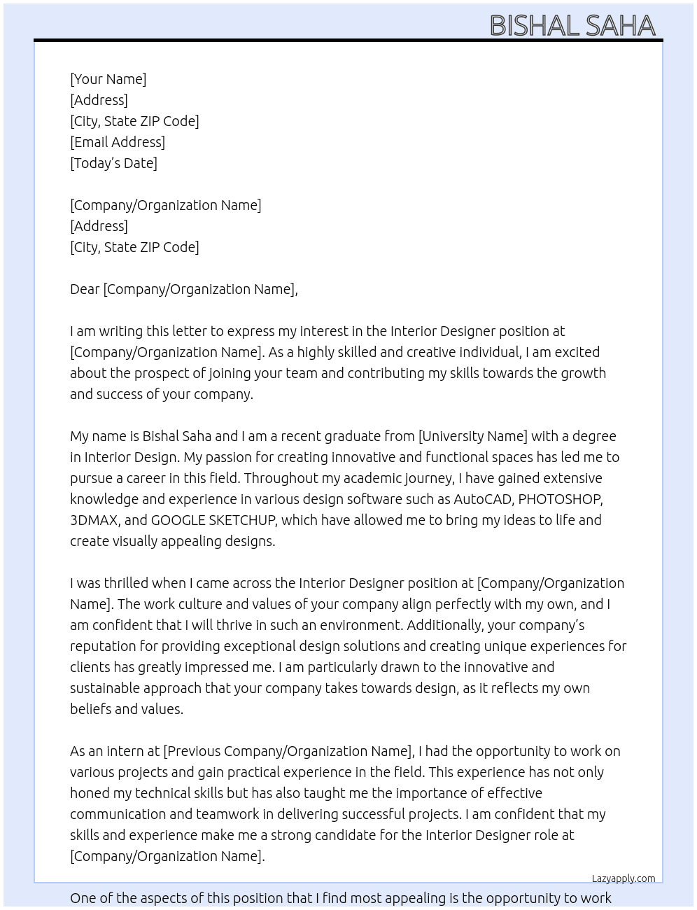 Interior Designer  At Xyz Cover Letter