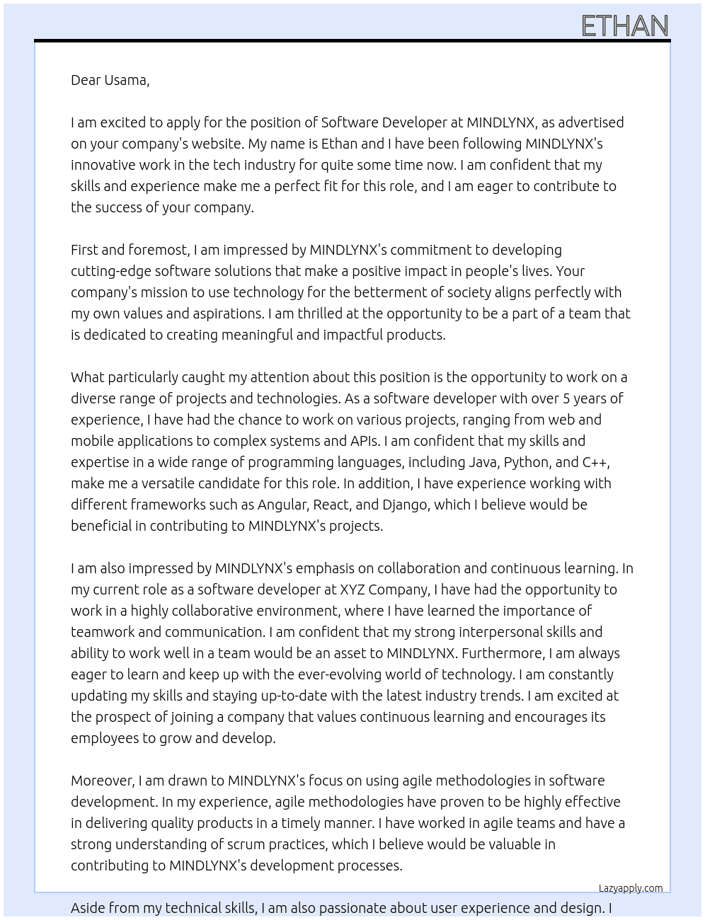 Software Developer At MINDLYNX Cover Letter