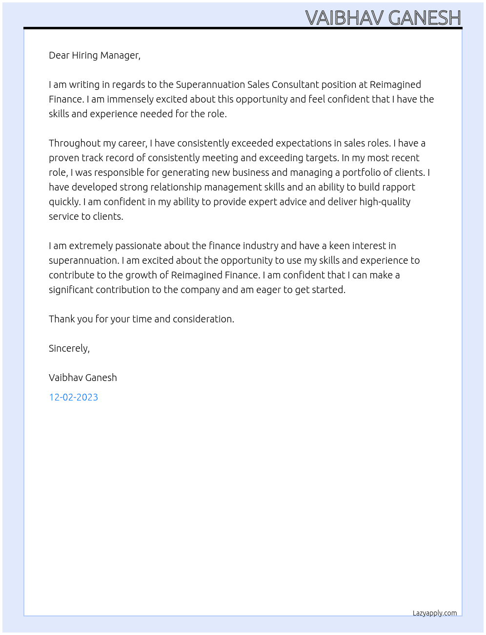 Superannuation Sales Consultant At Reimagined Finance Cover Letter
