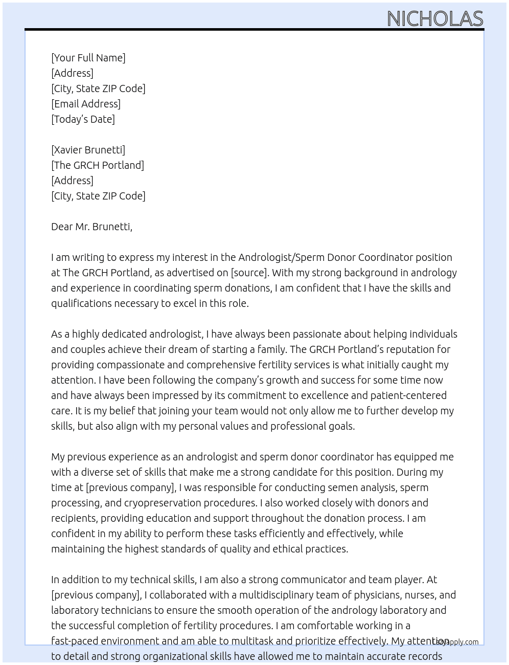 Andrologist/Sperm Donor Coordinator  At The GRCH Portland Cover Letter