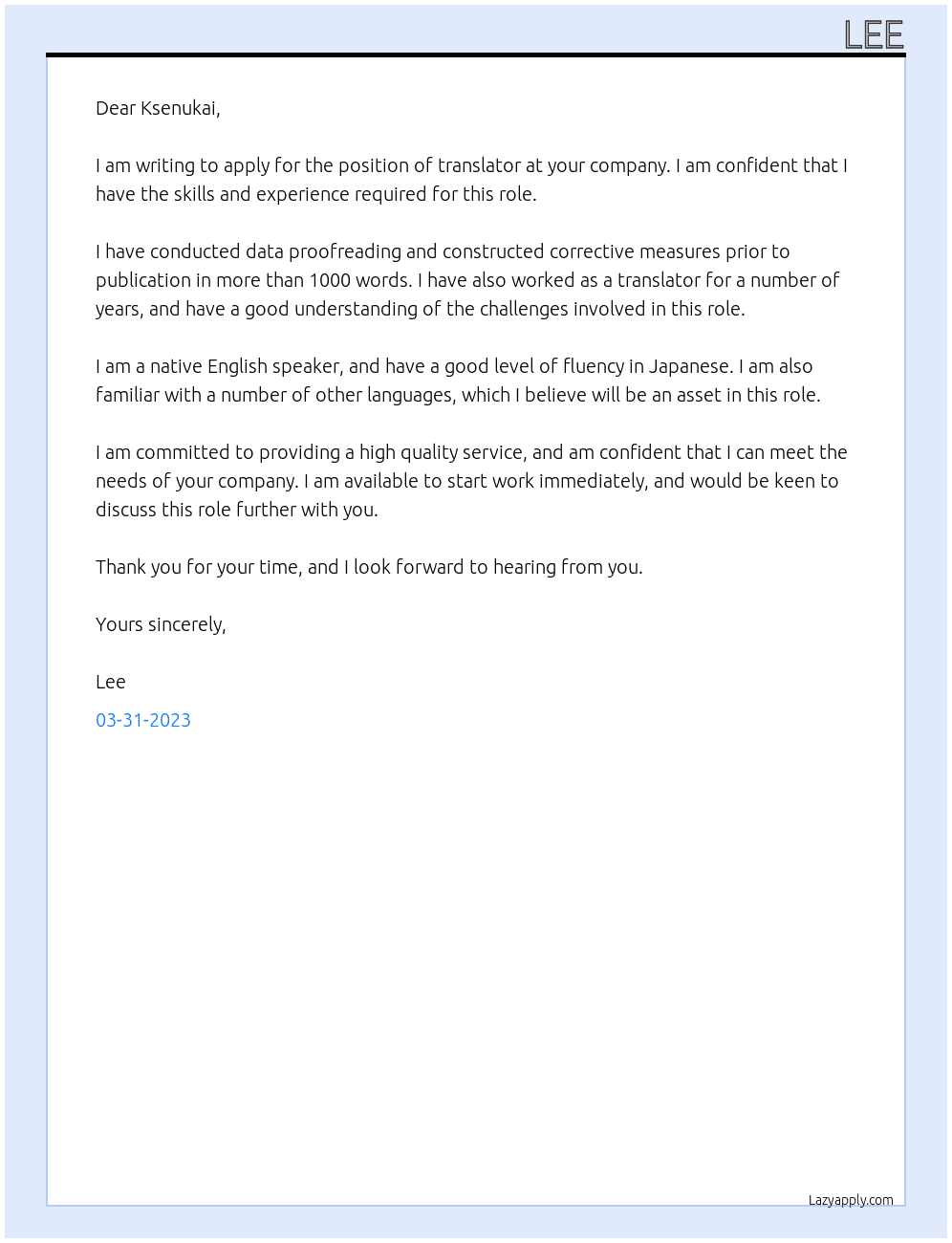 translator At ksenukai Cover Letter