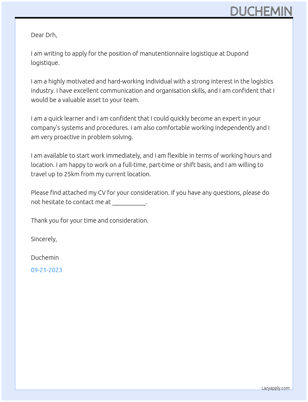 manutentionnaire logistique At Dupond logistique Cover Letter