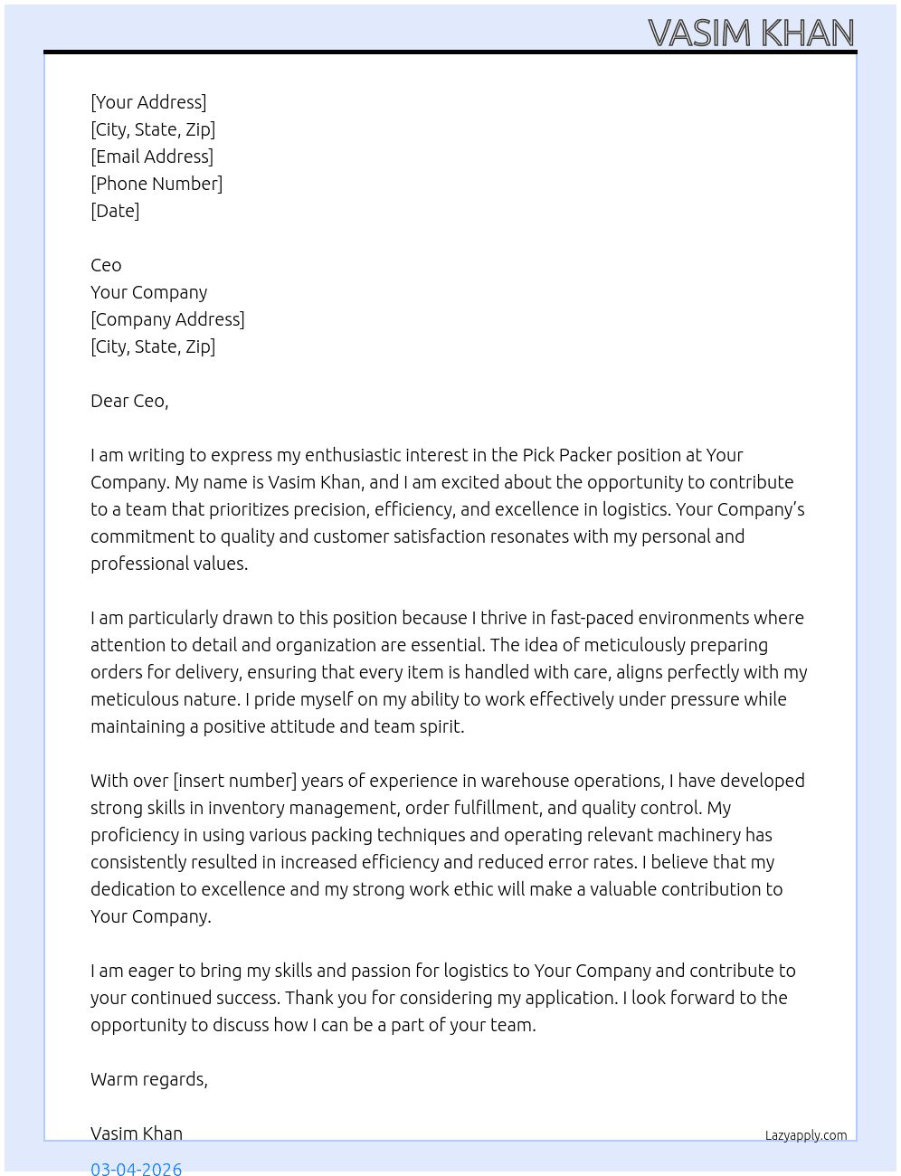 Pick packer  At Your company  Cover Letter